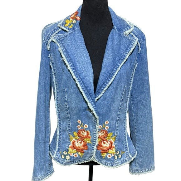 Kikit Jeans Embroidered Denim Blazer Jacket Women's L Floral Boho Western - Picture 1 of 10